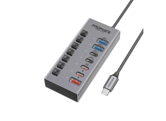 Promate GegaHub-10G 7-in-1 USB-C multiport Hub, Dual USB-C and USB-A ports with 10Gbps Date Transfer, Fast charging USB-C and USB-A ports, 20W USB-C PD Porty 